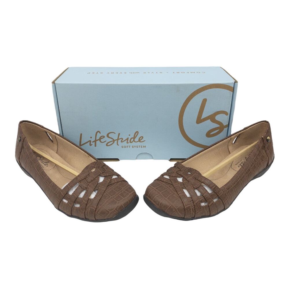 Life Stride Diverse Dark Brown Croc Embossed Slip-On Loafer Women's 7 Wide NIB